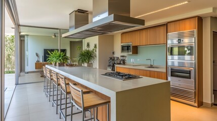 Fototapeta premium Modern kitchen island, open plan, luxury home, tropical view, indoor-outdoor living, real estate