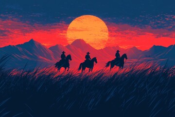 Naklejka premium Sunset landscape scene with cowboy and horse silhouettes, rendered in a modern illustration with a raw style and a 3:2 aspect ratio. Job ID: d7223ee3-19ad-4a84-aa09-ba0b2c1f0a24