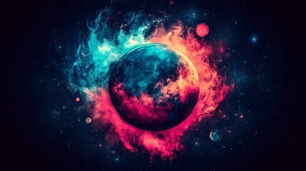 Obraz premium A Colorful Cosmic Planet Floating Amidst Starry Nebulae and Galaxies