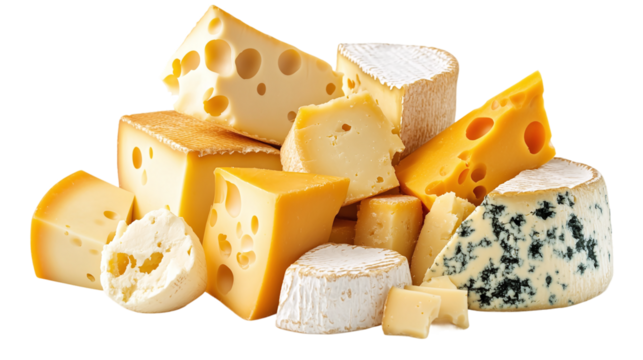 Collection of delicious cheese pieces, cut out. based on generative ai. Isolated on a transparent background.