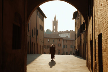 Evening stroll through a historic alleyway in a quaint Italian town