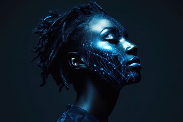 A woman's face, illuminated with a network of glowing lines, evokes technological advancement and human connection.