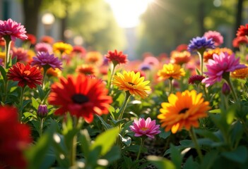 vivid close colorful flowers amidst lush green garden beds abundant foliage bright hues, annual, backdrop, blossom, botanical, bloom, cultivation