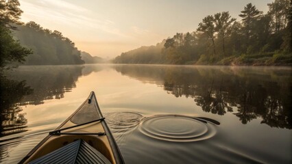 Kayak on Calm River with Golden Sunrise Reflections, Representing Peace, Harmony, and Outdoor Serenity