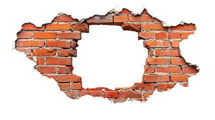 Hole breaking through a red brick wall, cut out. Isolated on a transparent background.