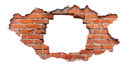 Hole breaking through a red brick wall, cut out. Isolated on a transparent background.