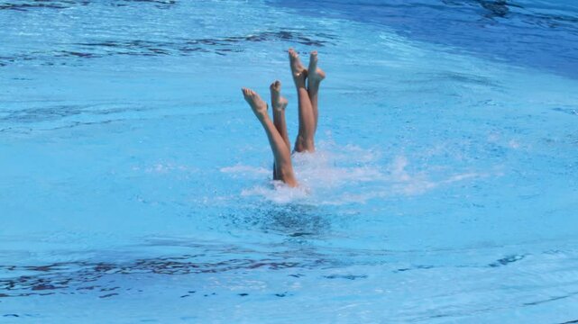 Synchronized or artistic swimming duet performing synchronized legs movement in swimming pool