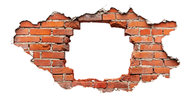 Hole breaking through a red brick wall, cut out. Isolated on a transparent background.