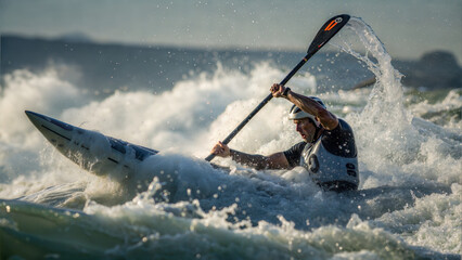 Kayaker Navigating Whitewater Rapids in Action-Packed Adventure, Representing Strength, Energy, and Outdoor Thrill