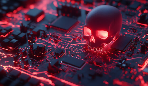 Glowing red skull on computer circuit board symbolizing cyber threats and digital security risks and malware