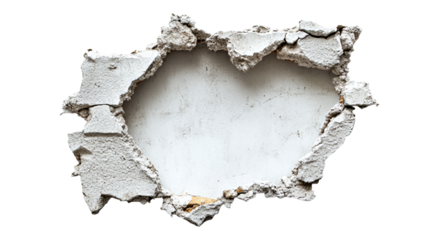 Large hole breaking through white concrete wall, cut out. Isolated on a transparent background.