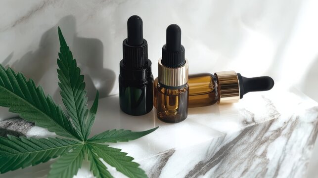 The image features elegant dropper bottles surrounded by vibrant cannabis leaves, symbolizing natural beauty, wellness, and holistic approaches to health and serenity.