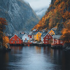 Fototapeta premium Norwegian fjord town with colorful buildings image