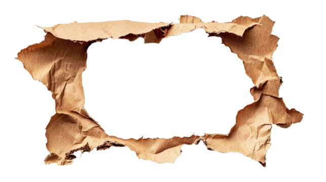 Ragged hole torn in ripped craft paper, cut out. Isolated on a transparent background.