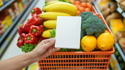 Hand holding blank mock-up grocery list card over full grocery basket with fresh fruits and vegetables in supermarket