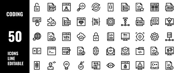 50 Coding Icons Set Pack Line Editable Vector Illustration