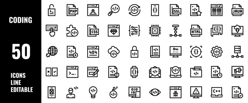 50 Coding Icons Set Pack Line Editable Vector Illustration
