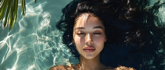 Woman Portrait with Deep Black Silky Straight Hair Floating Over Transparent Water with Reflected Palm Leaves. Copy space. Generative AI
