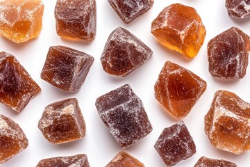 The trail of cake crumbs is trimmed and set against a white background