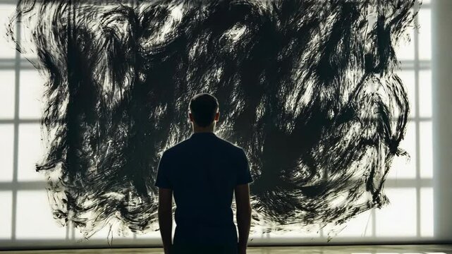 Contemplation of abstract art in a modern gallery space during a quiet afternoon