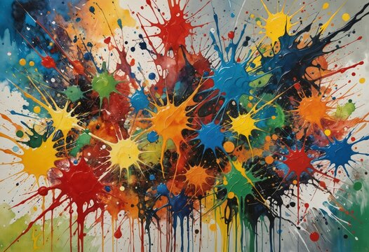 Colorful paint splatters on a plain background