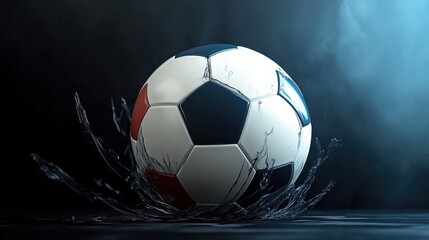 A soccer ball splashes into water, creating dynamic waves around it, capturing the energy and movement of the sport, as well as the thrill it brings to players and fans alike.