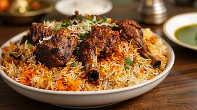 Delicious lamb biryani served on a large white plate with fragrant basmati rice and tender meat