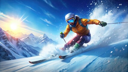 Free Ride Skiing: Powder Snow Explosion, Sunny Day, High Depth of Field