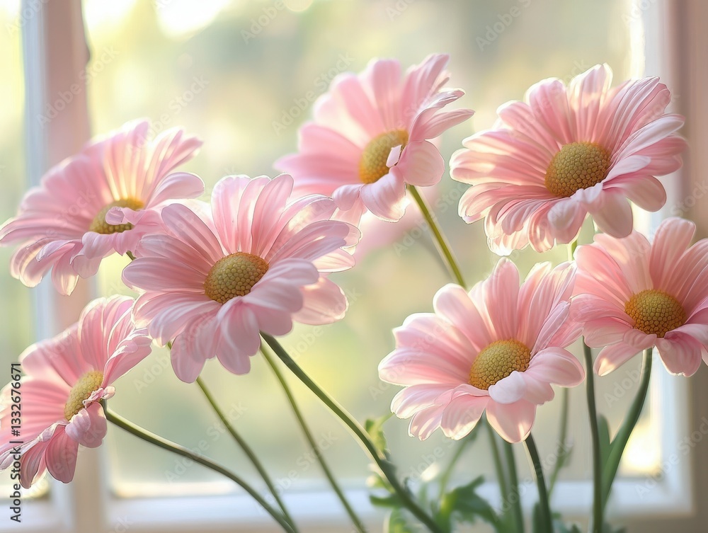 Aufkleber delicate pink flowers in soft afternoon light by a window creating a serene and inviting atmosphere 