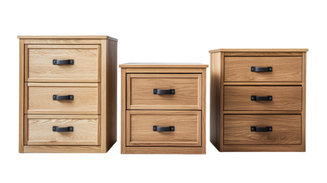 Set of wooden file cabinets with handles, cut out. Isolated on a transparent background.