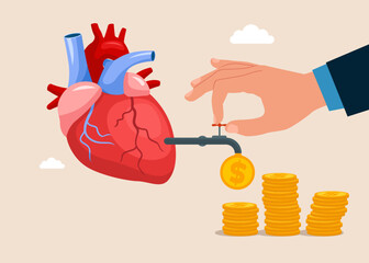 Cost of heart transplant. Hand opening water tap to let dollar coins flowing out. Flat vector illustration