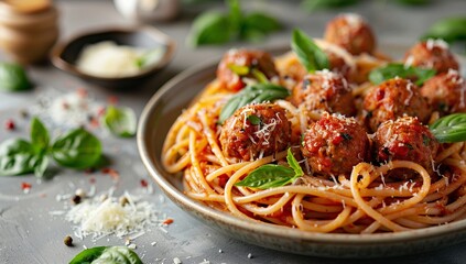 A delicious plate of spaghetti and meatballs, garnished with fresh basil and parmesan cheese. A comforting Italian-American classic!
