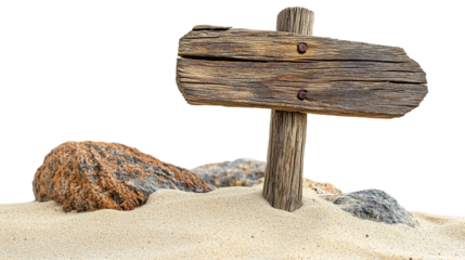 Weathered wooden signpost in sand, cut out. Isolated on a transparent background.