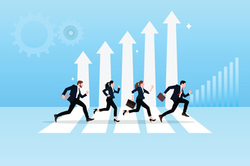 Obraz premium Dealing with business challenges. Moving towards business success. Business growth chart or career path.Business people running on the growth arrow.Business team victory.Work improvement or leadership