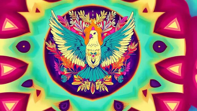 Colorful illustration of a majestic bird surrounded by intricate floral designs on a vibrant background