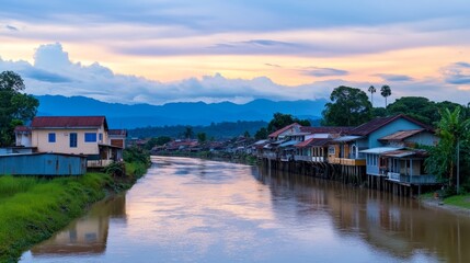 Fototapeta premium Serene riverside view at sunset with colorful houses reflecting on calm waters and mountains