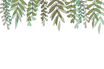 Naklejka premium Floral frame with colorful exotic branches on white background. Ornate border with tropic leaves. Vector stock illustration for wallpaper, posters, card. Doodle style. Copy space.