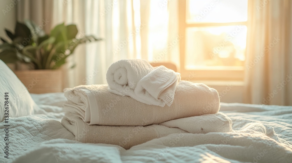 Aufkleber freshly washed towels and bed linens create a cozy atmosphere in a bright, inviting bedroom during m