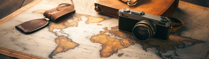 Fototapeta premium A vintage camera rests on an antique world map, alongside a leather luggage tag and a stylish bag, highlighting themes of travel and adventure, Perfect for travel blogs, promotional materials