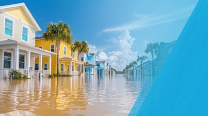 Beautiful coastal houses submerged in floodwaters against blue sky