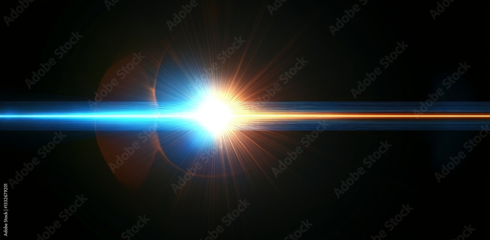 Poster this modern tech image is set against an explosion with light rays and luminous blue speed lines