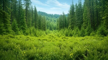 Fototapeta premium Lush Green Forest Valley Surrounded by Towering Evergreen Trees