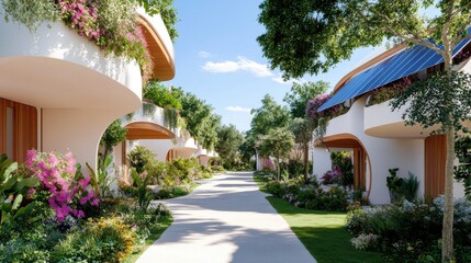 Obraz premium Sustainable eco-village nestled in lush greenery with modern architecture and solar energy features