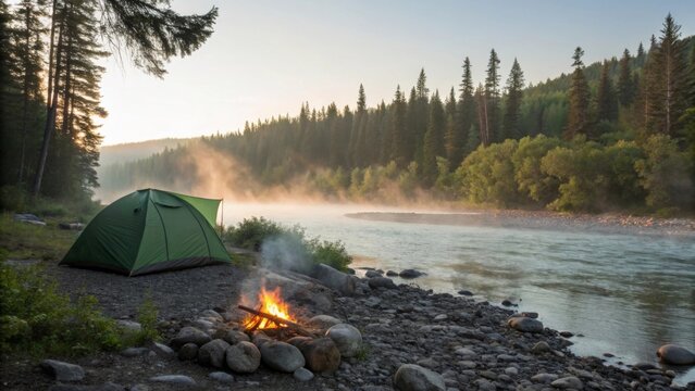 Green camping tent with warm campfire on rocky riverbank surrounded by misty pine forest at sunrise, peaceful outdoor adventure - Powered by Adobe