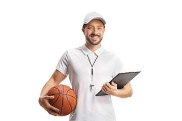 Basketball coach holding a ball and a clipboard