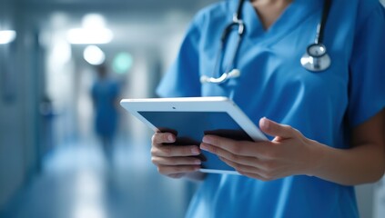 Nurse uses tablet in a hospital corridor with another person blurred in the background. For healthcare