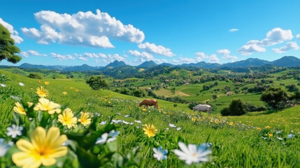 Fototapeta premium Grazing cows alongside diverse crops in a vibrant landscape with rolling hills and blue skies