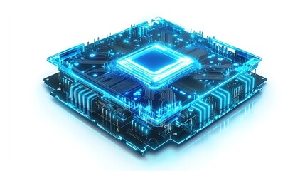 Futuristic Quantum Computer Chip with Glowing Blue Circuits, Intricate Microprocessor Details, and Advanced Cooling System Emitting a Soft Neon Glow, Isolated on White Background