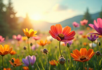 Fototapeta premium vivid blooming flowers bright nature backdrops showcasing alluring colors lush greenery captivating visual experience, vibrant, landscape, petal, seed