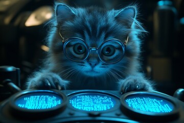 In a dimly lit room, a cat wearing glasses that reflect digital data sits at a computer, capturing the themes of espionage, technology, hacking, humorous animals, cyber security, and scams
